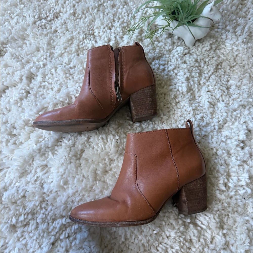 Women's Cognac Leather Heel Ankle Booties with Side Zip